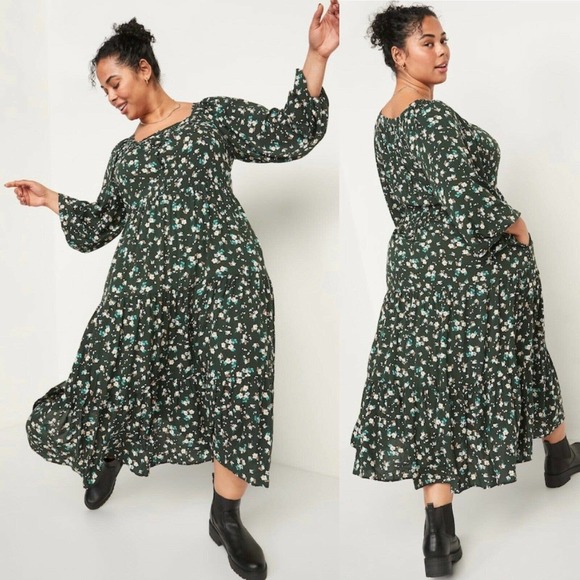 Old Navy | Dresses | Old Navy Maxi Swing Dress Size Xl Long Sleeve Tiered Green  Floral Square Neck | Poshmark